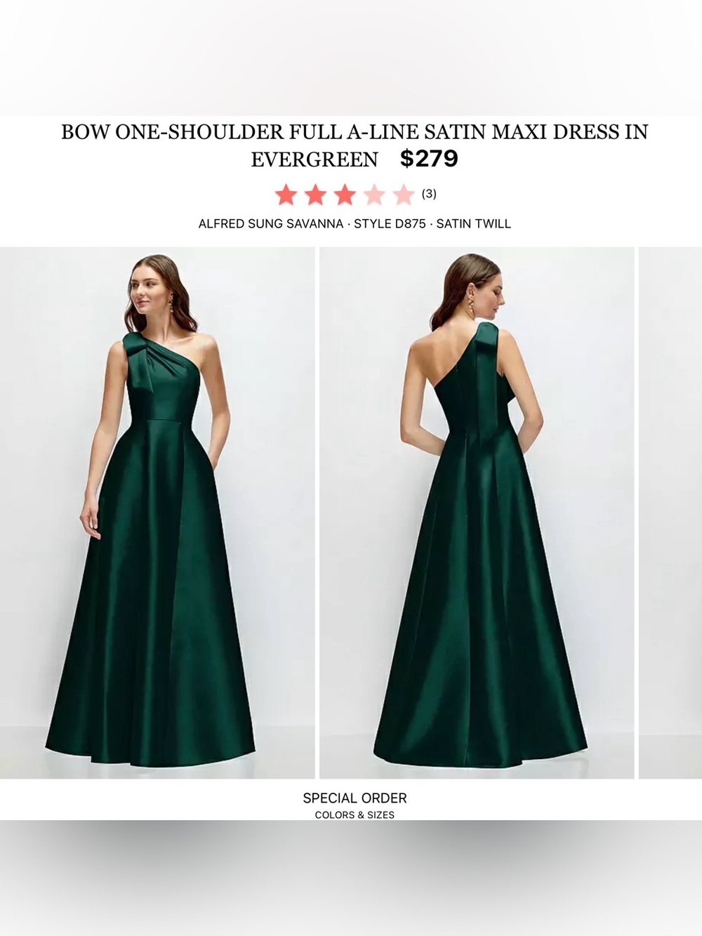 ALFRED SUNG Evergreen One-Shoulder Satin A-Line Gown